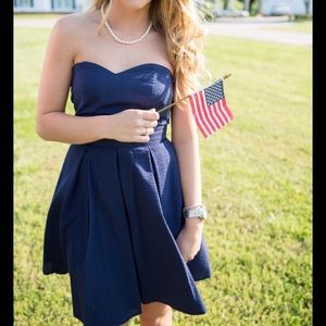 Lauren James •Navy Blue Seersucker Strapless Dress